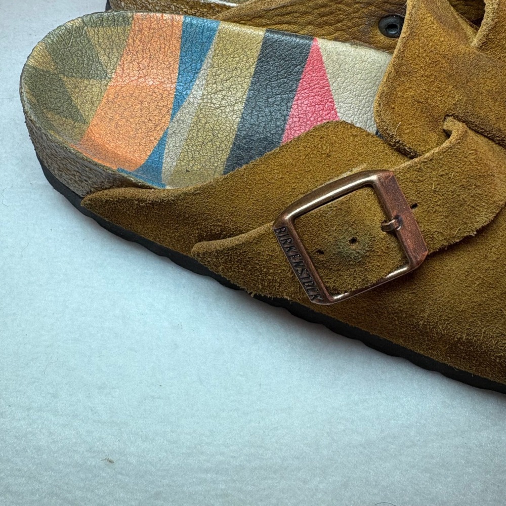 Birkenstock Boston Suede Clogs Brown Tobacco Multi Color Pattern Footbed Womens - Picture 3 of 6